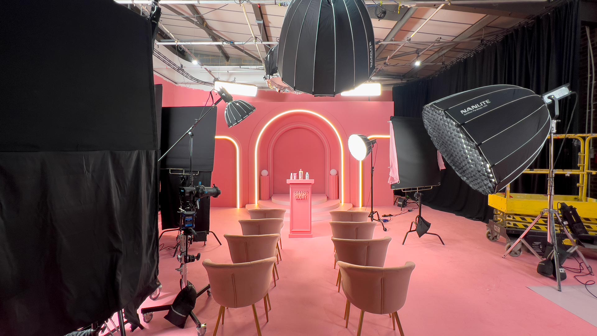 A real production set with a pink-painted cove floor at Cineview Studios