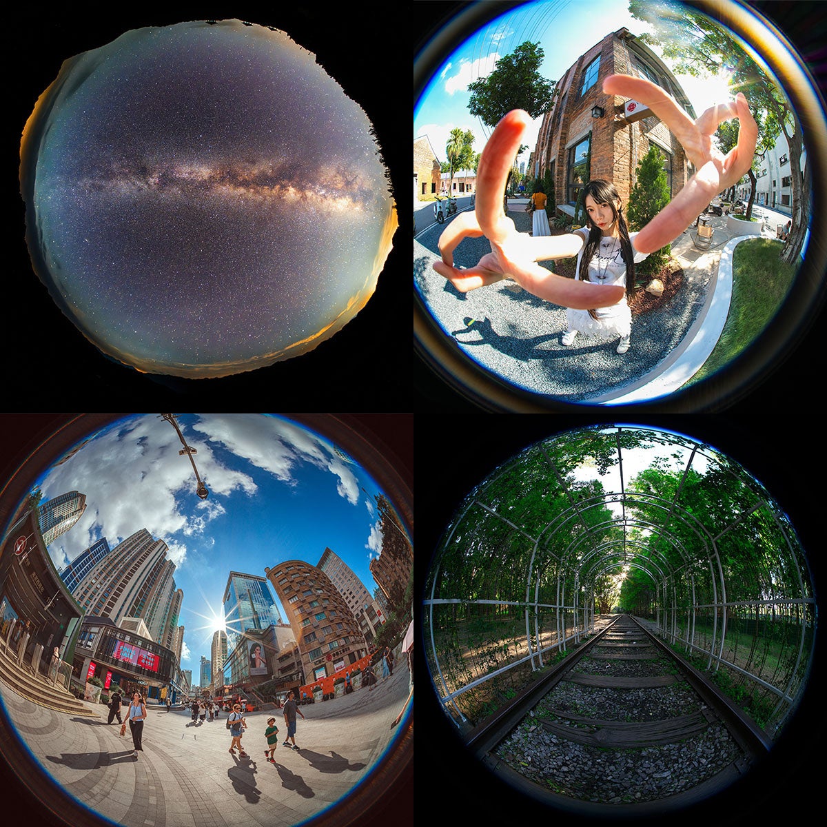 Four distributor-supplied AstrHori 8mm F2.4 sample photographs showing circular fisheye views of stars, a portrait, buildings and a railway