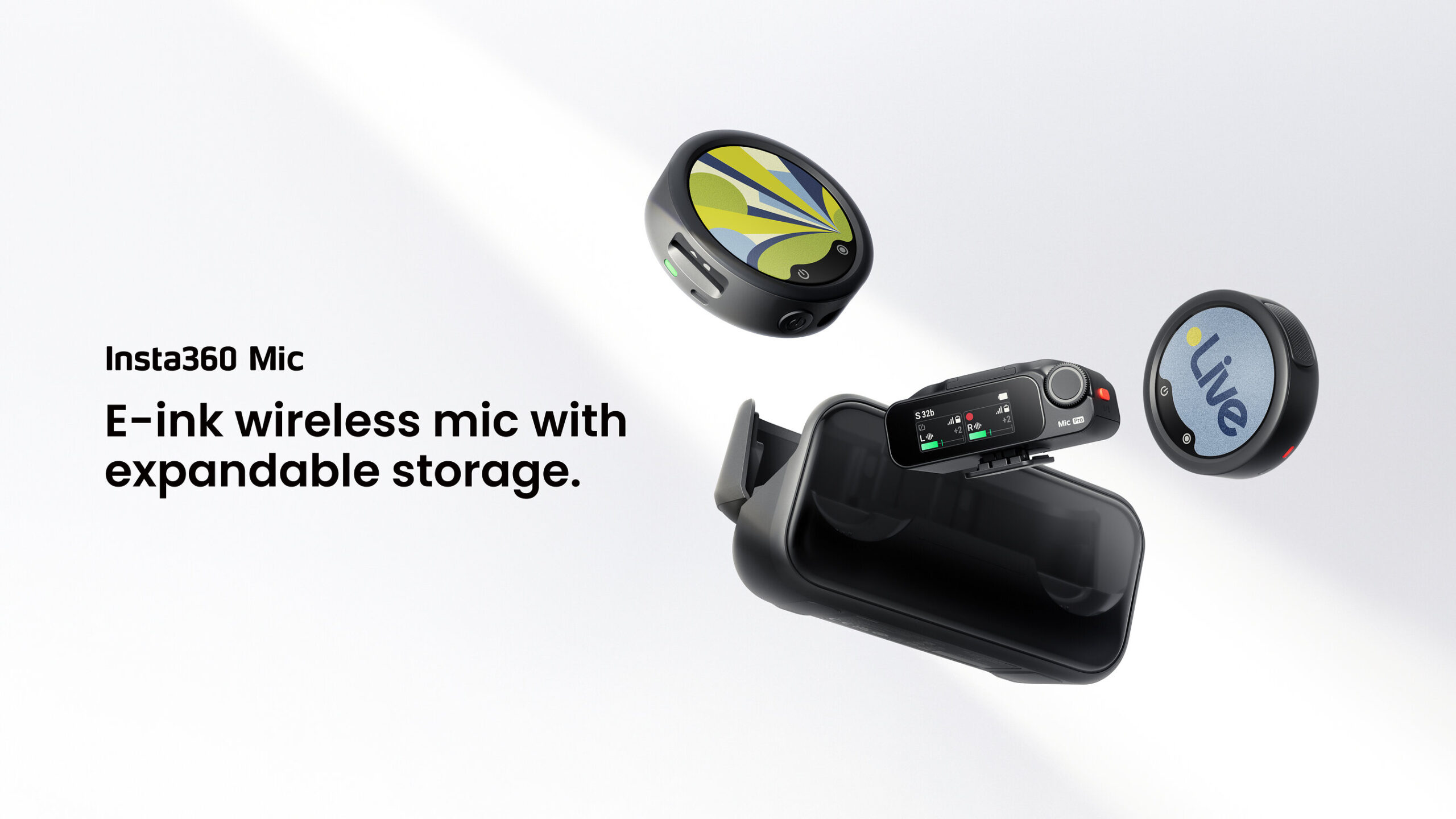 Insta360 Mic transmitters, receiver and charging case in the official launch image