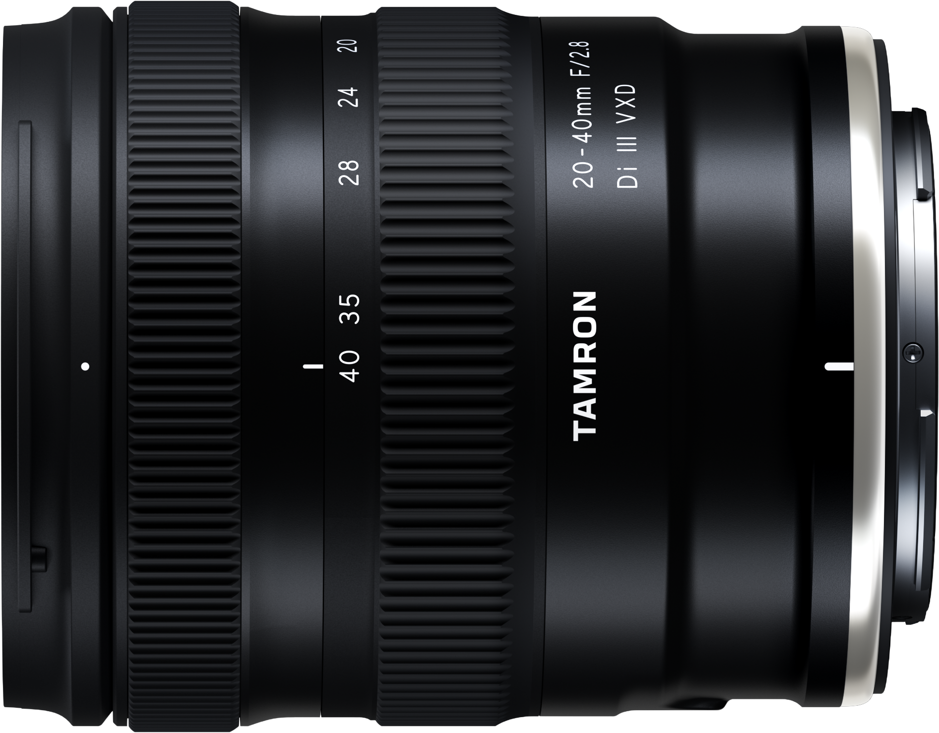 Side view of Tamron 20–40mm F2.8 Di III VXD Nikon Z lens showing zoom and focus rings