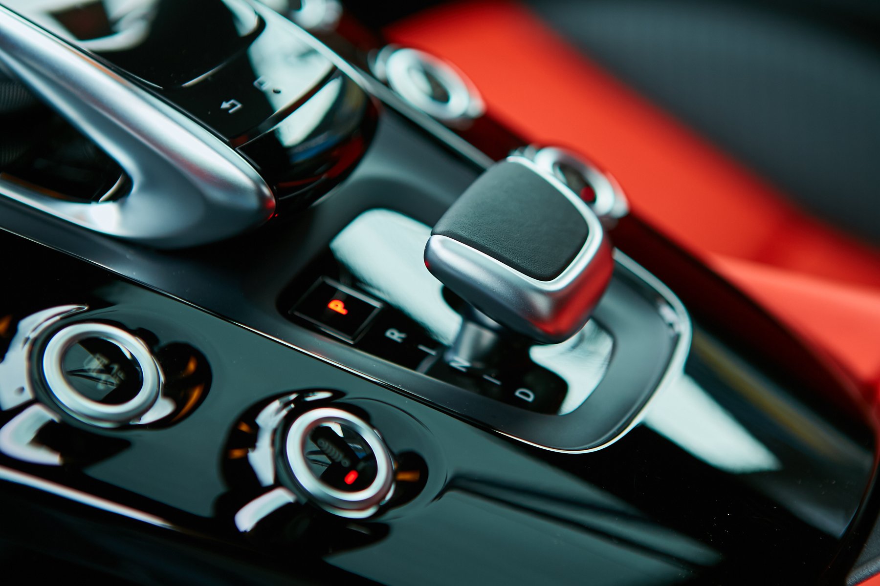 Gear selector and interior controls in a modern vehicle