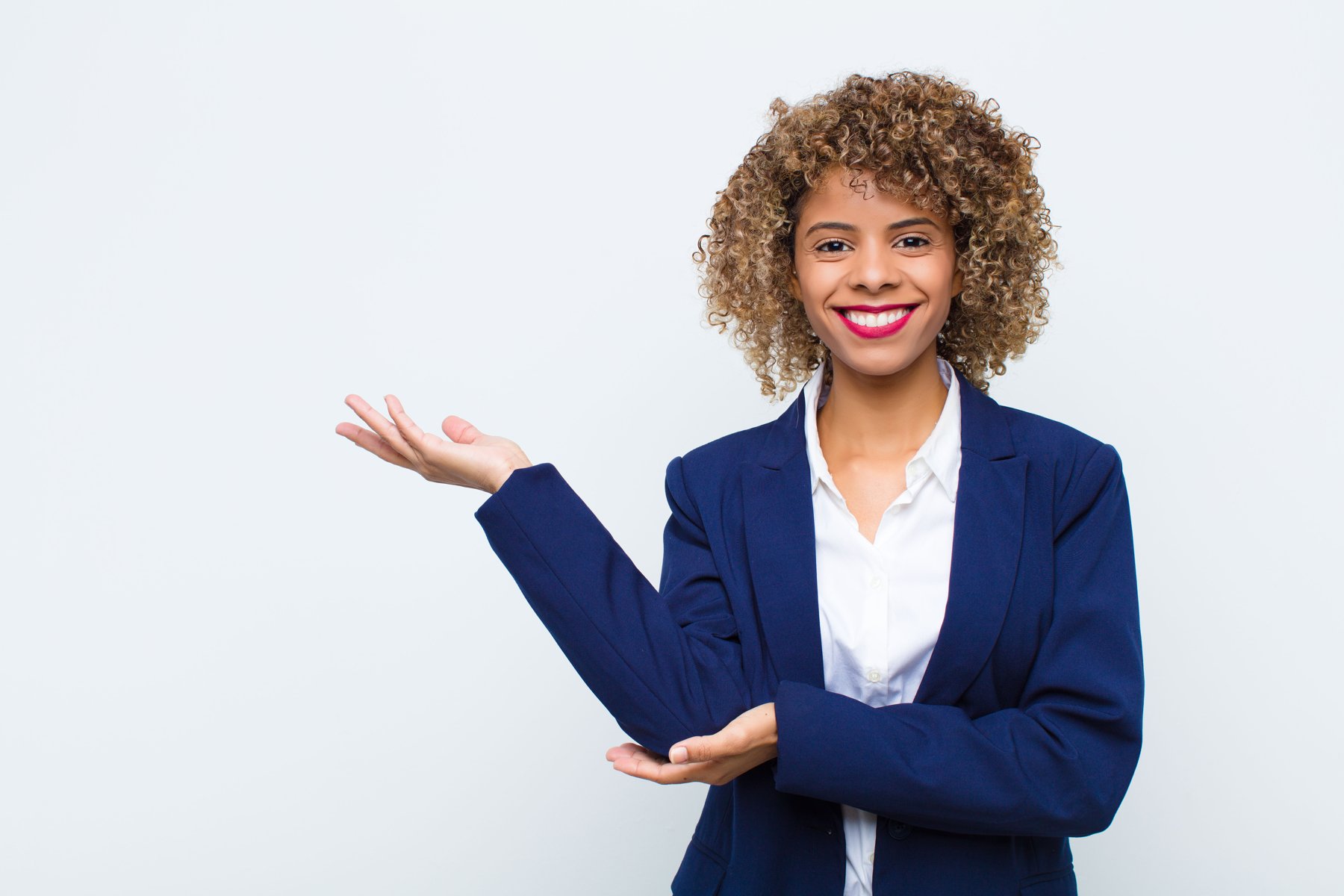 Presenter gesture with space for a brand message