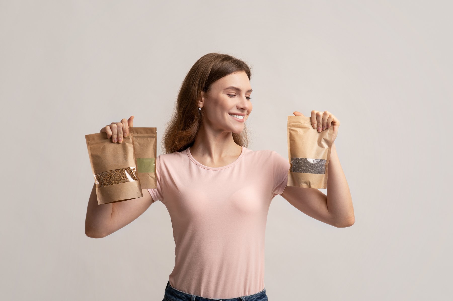Model interacting with packaged products