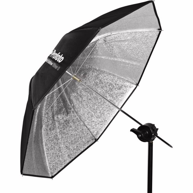 Profoto Shallow Silver Small Umbrella available for studio equipment hire at Cineview Studios London