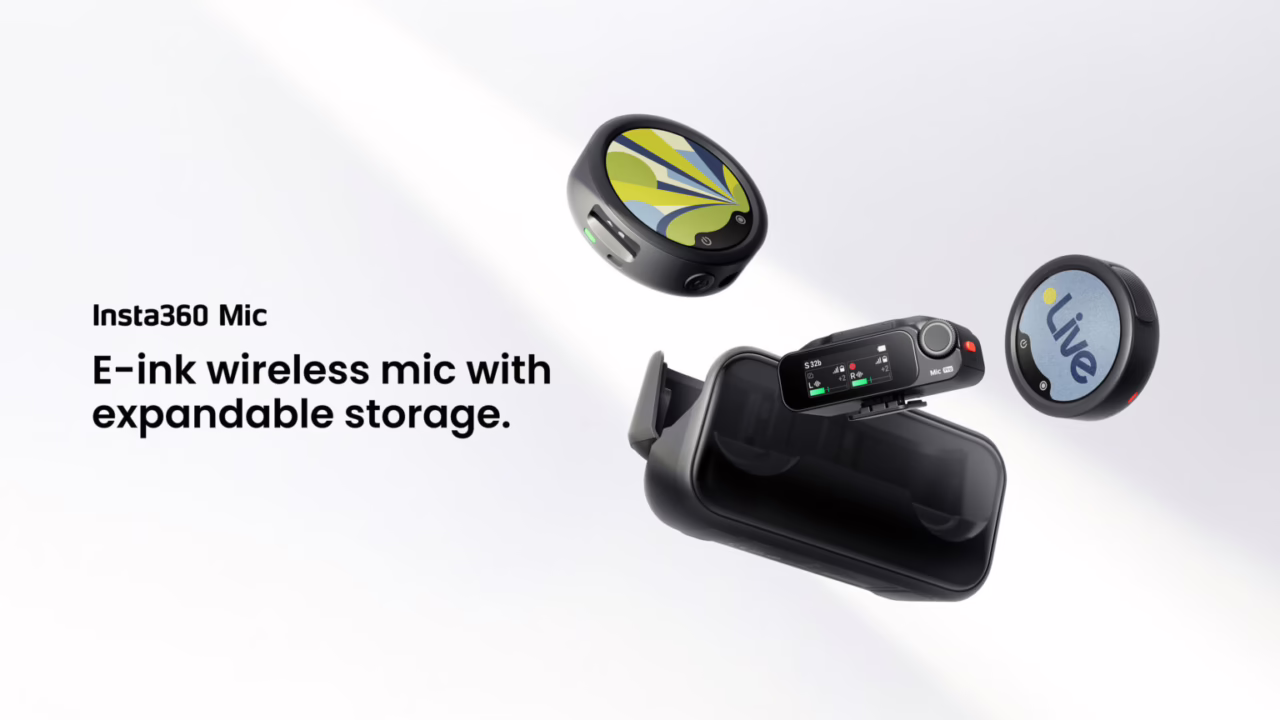 Insta360 Mic transmitters with customisable E-Ink displays, receiver and charging case