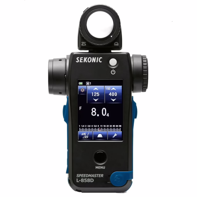 Sekonic SpeedMaster L-858D light meter with incident dome and colour touchscreen, available to hire at Cineview Studios London