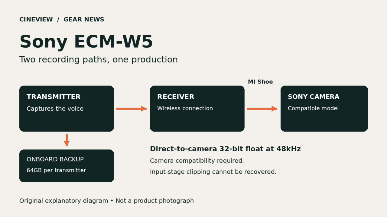 Film & Photo Studio Hire London | Cineview Studios | Sony ECM-W5: UK Price, November Release and Audio Features Original explanatory diagram: ECM-W5 transmitter sends audio wirelessly through a receiver to a compatible Sony camera, with separate 64GB onboard backup. Not a product photograph.