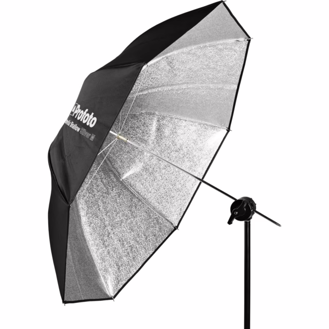 Profoto Shallow Silver Medium Umbrella available for studio equipment hire at Cineview Studios London