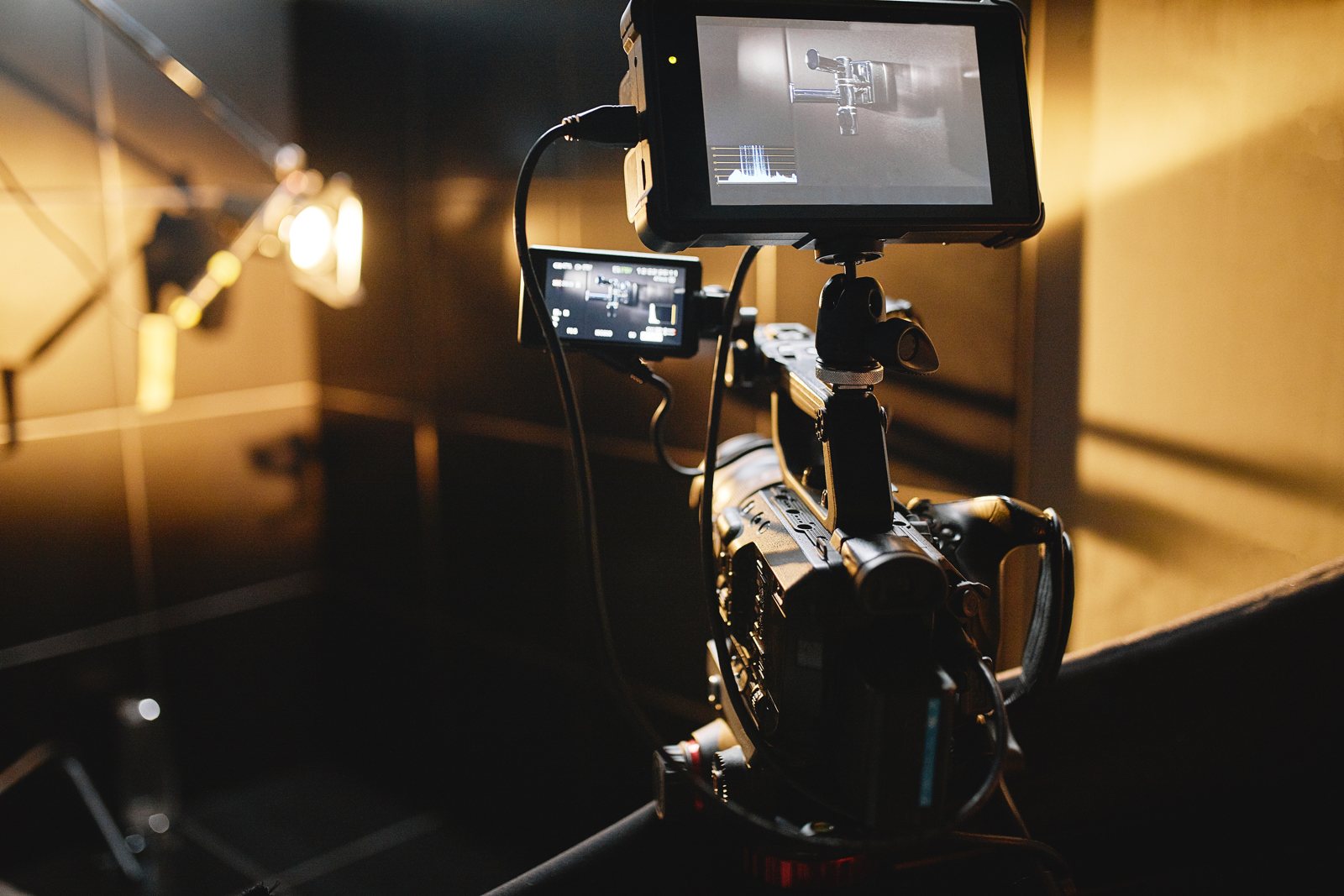 Cinema camera and monitor prepared for a film production