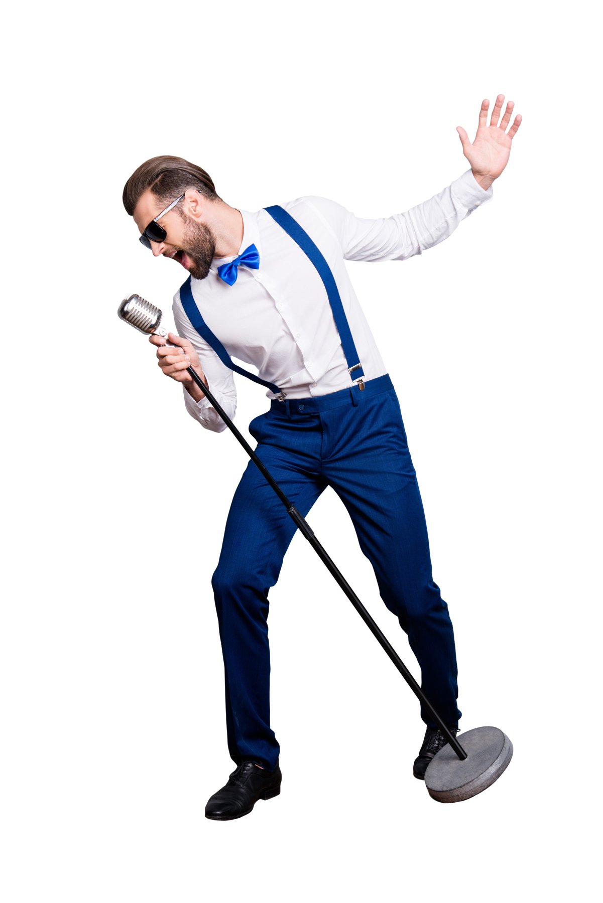 Full-length performer portrait with microphone