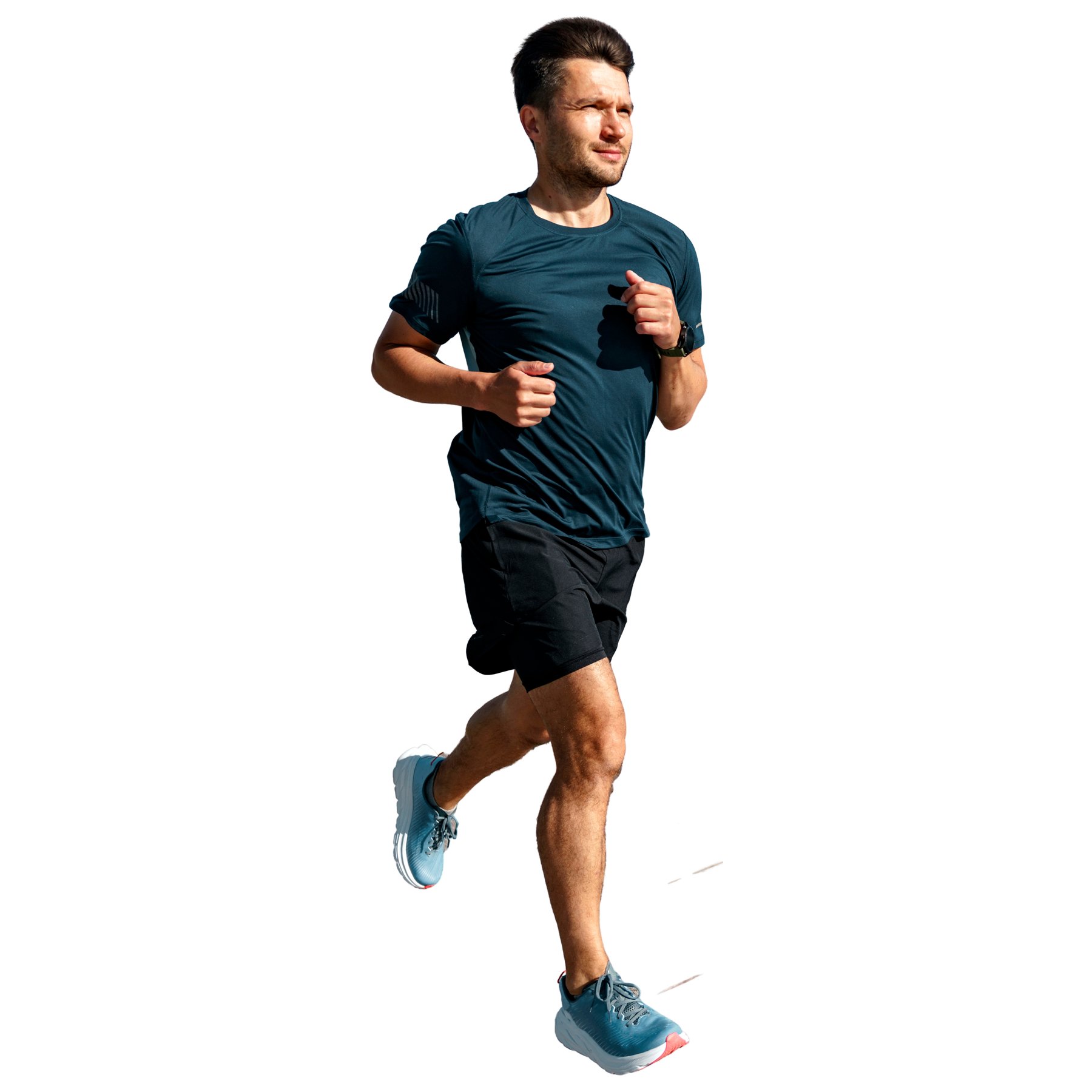 Full-length runner in sportswear against a white background