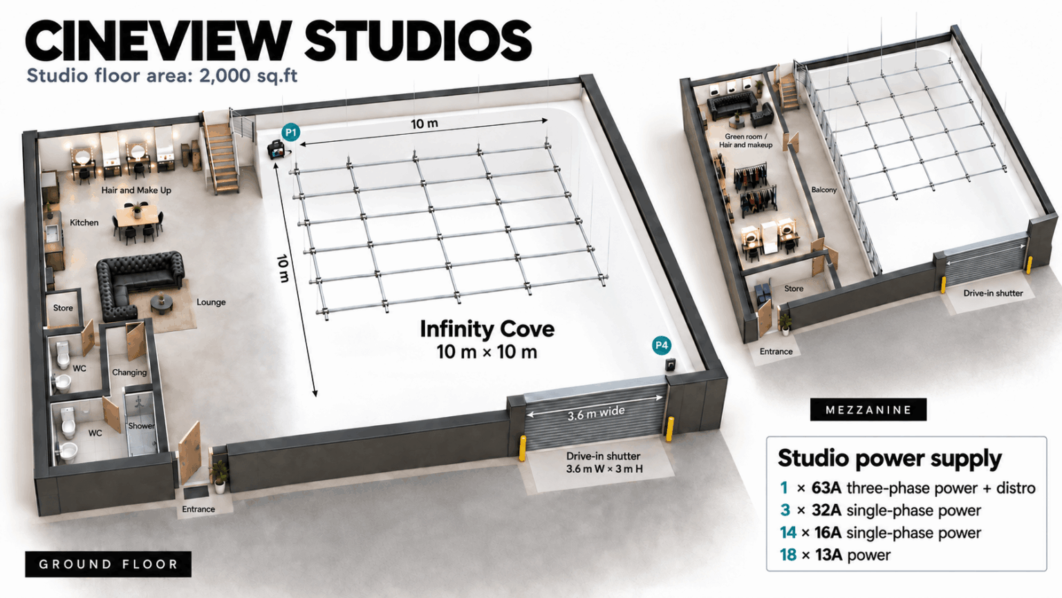 3D floor plan of Cineview Studios showing the infinity cove studio, drive-in shutter, ground-floor crew facilities and mezzanine green room
