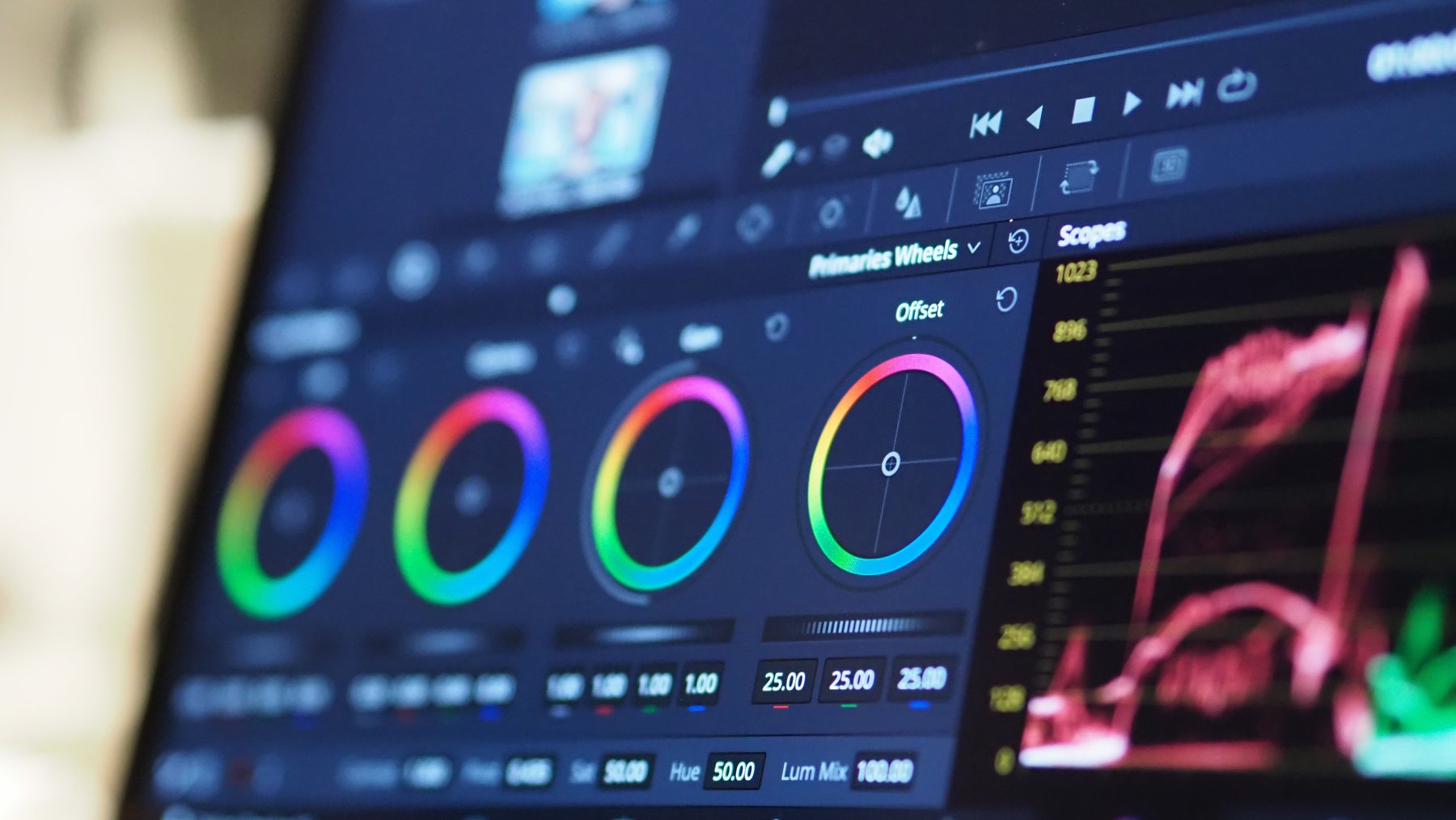 Colour grading controls on an editing monitor