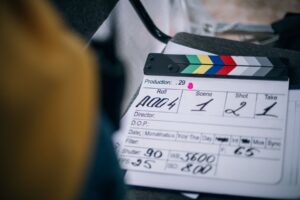 Clapperboard marking a take during filming