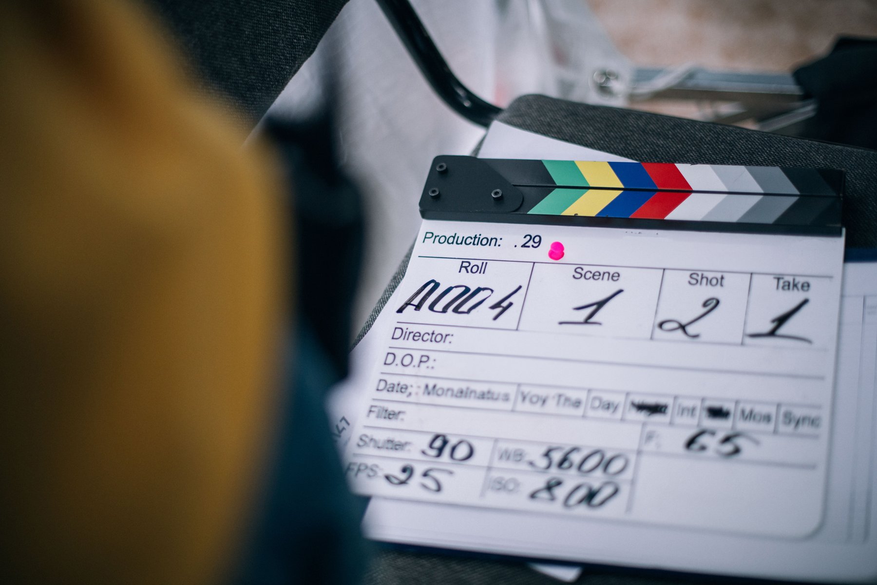 Clapperboard marking a take during filming