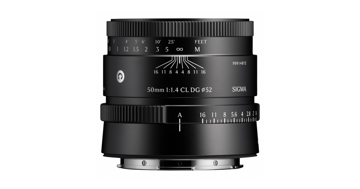 Black Sigma 50mm F1.4 CL DG Contemporary L-mount lens showing distance, depth-of-field and aperture scales